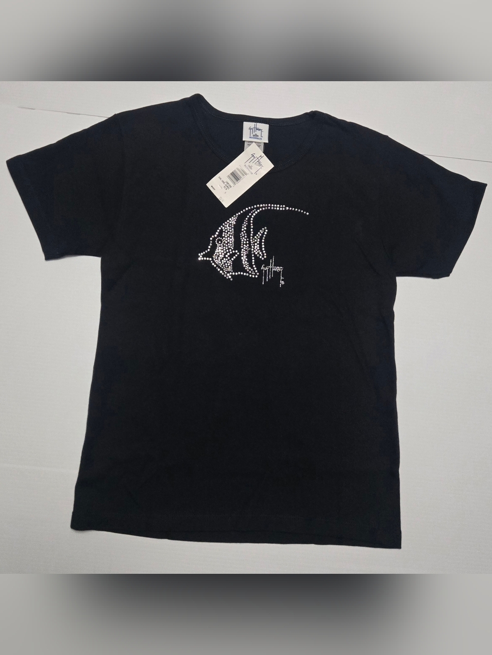 AFTCO Guy Hayley Small Size Black Rhinestone Fish Graphic T-Shirt, Soft Fabric